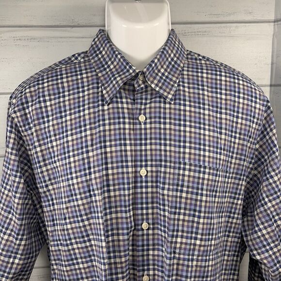 Peter Millar Men's Large Button Down Shirt Long Sleeve Checkered Cotton Purple - Picture 1 of 8